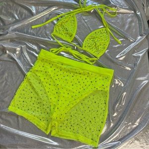 SOLD 💛 Two Piece Neon Yellow Rhinestone Biker Short Set